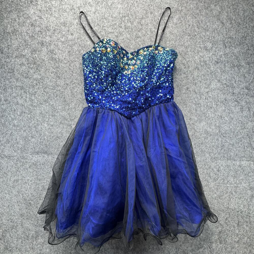 Masquerade Dress Juniors 6 Blue Sequin Tulle Fit & Flare Party Cocktail